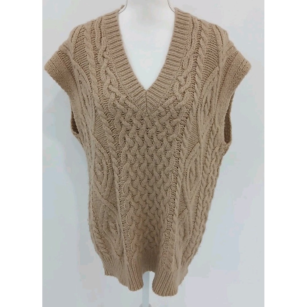 Ona Women Tan Cable Knit Wool Alpaca Blend V-Neck Sweater Vest XS/S